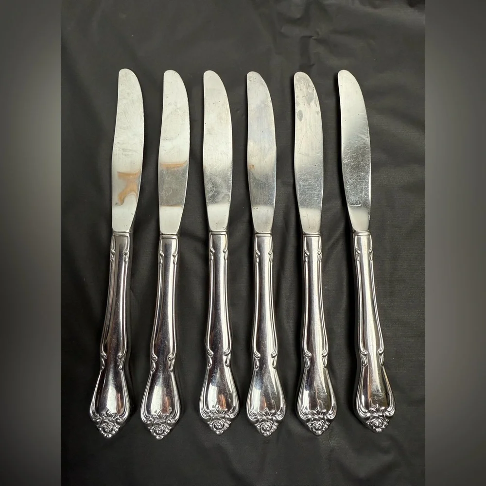 Vtg ONEIDA Arbor Rose True Rose Stainless‎ Floral Handle Knives Hollow Set of 6